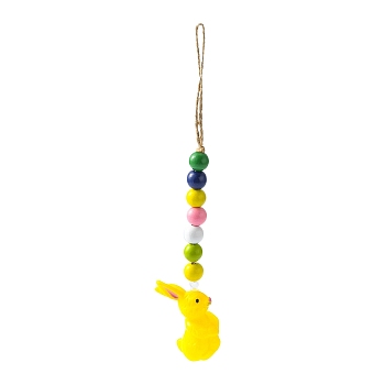 Easter Theme Plastic Rabbit Pendant Decorations, with Hemp Rope & Wooden Beads, Yellow, 282mm