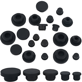 20Pcs 5 Style Silicone Hole Plugs, Snap in Hole Plugs, Post Pipe Insert End Caps, for Furniture Fencing, Round, Black, 14.5~33x11~15mm, 4pcs/style