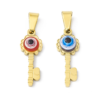 304 Stainless Steel Resin Pendants, Key Charms with Evil Eye, Golden, Mixed Color, 23x8.5x4mm, Hole: 6.5x3mm