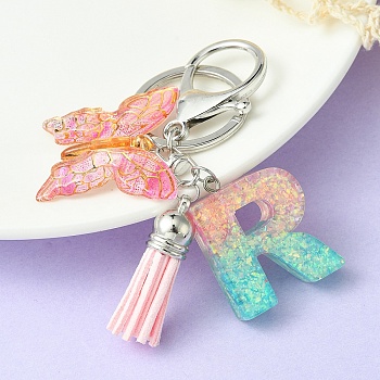 Resin & Acrylic Keychains, with Alloy Split Key Rings and Faux Suede Tassel Pendants, Letter & Butterfly, Letter R, 8.6cm