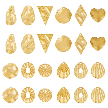 SUPERFINDINGS 24Pcs 12 Style Textured 201 Stainless Steel Pendants, Golden, Teardrop & Rhombus & Triangle & Egg & Oval, Mixed Shapes, 21.5~30x17~22x1~1.5mm, Hole: 1.2~1.8mm, 2pcs/style