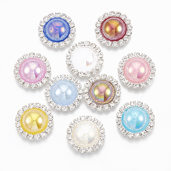 Brass Rhinestone Cabochons, with ABS Plastic Imitation Pearl, Flat Round, Silver Color Plated, Mixed Color, 18x6mm