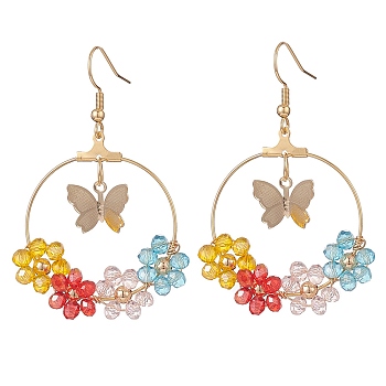Glass Beaded Flower & Brass Butterfly Dangle Earrings, Golden 304 Stainless Steel Wire Wrap Jewelry for Women, Colorful, 57mm, Pin: 0.6mm