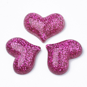 Resin Cabochons, with Glitter Powder, Heart, Medium Violet Red, 16.5x21.5x6~7mm