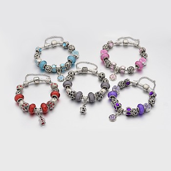 Alloy Rhinestone Enamel European Beaded Bracelets, with Resin European Beads, Brass Chains and Alloy Clasps, Mixed Color, 180mm
