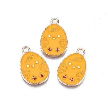 Alloy Enamel Pendants, Light Gold, Cadmium Free & Lead Free, Easter Egg Shape with Chick, Orange, 22x14x1.5mm, Hole: 2mm