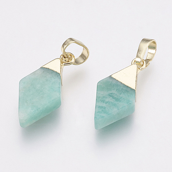 Natural Amazonite Pendants, with Brass Findings, Rhombus, Golden, 18x9x4mm, Hole: 4x6mm