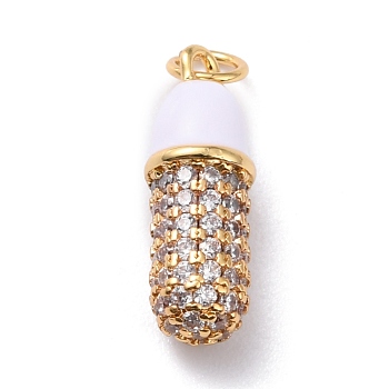 Brass Enamel Cubic Zirconia Pendants, Long-Lasting Plated, Real 18K Gold Plated, Capsule, White, 15.3x5.3mm, Hole: 3mm