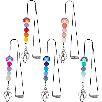 BENECREAT 5Pcs 5 Colors Rainbow Silicone Keychain, with Alloy Swivel Hook, Iron Clasps, 304 Stainless Steel Split Key Rings and Plastic Breakaway Clasps, Nylon Thread, Mixed Color, 400mm, 1pc/color