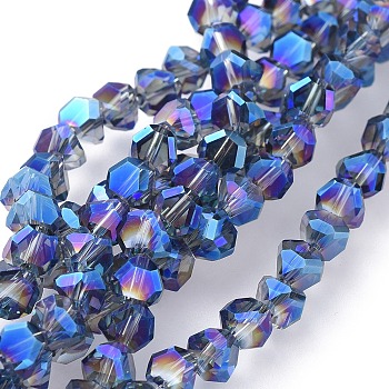 Electroplate Transparent Glass Beads Strands, Full Rainbow Plated, Faceted, Dark Blue, 5x5.5x5.5mm, Hole: 1.2mm, about 78~80pcs/strand, 13.35 inch~16.14 inch(39~41cm)