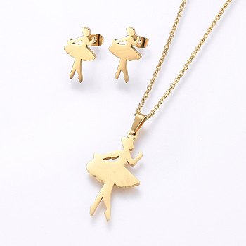 304 Stainless Steel Jewelry Sets, Stud Earrings and Pendant Necklaces, Dancer, Golden, Necklace: 17.7 inch(45cm), Stud Earrings: 16x10x1.2mm, Pin: 0.8mm
