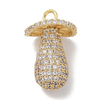 Rack Plating Brass Micro Pave Clear Cubic Zirconia Pendants, Long-Lasting Plated, Lead Free & Cadmium Free, Mushroom Charms, Real 18K Gold Plated, 24x15.5mm, Hole: 3mm