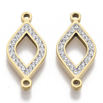 304 Stainless Steel Links connectors, with Rhinestone, Rhombus, Golden, Crystal, 24x11x2mm, Hole: 1.5mm