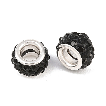 Polymer Clay Rhinestone European Large Hole Beads with Silver Color Plated Brass Cores, Rondelle, Jet, 11~12x7~7.5mm, Hole: 5mm