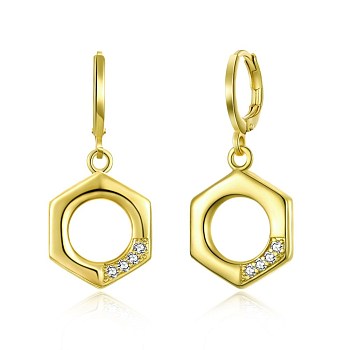 Brass Dangle Hoop Earrings, with Rhinestone, Hexagon, Golden, 31x14mm