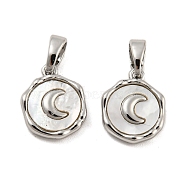 Brass Pave Shell Charms, Flat Round with Moon Charm, Platinum, 12x10x2.5mm, Hole: 4.8x2.7mm(KK-G490-34P)