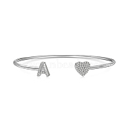 Heart & Letter Rhodium Plated 925 Sterling Silver Micro Pave Cubic Zirconia Cuff Bangles for Women, Letter A, 0.2~0.8cm, Inner Diameter: 1-7/8x2-1/4 inch(4.85x5.65cm) (BJEW-C062-01A-P)