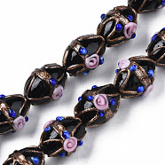 Handmade Gold Sand Lampwork Beads Strands, Ovald with Flower, Black, 16~17x13~15x12~13mm, Hole: 1.4~1.8mm, about 30pcs/strand, 19.69 inch(50cm)(LAMP-N021-40G)