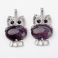 Natural Amethyst Pendants, Owl, with Brass Findings, Platinum, Lead Free & Nickel Free, 45x25x8mm, Hole: 4x6mm(G-G884-B10-FF)