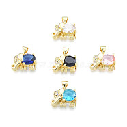 Brass Micro Pave Clear Cubic Zirconia Pendants, with Glass, Nickel Free, Real 18K Gold Plated, Elephant, Mixed Color, 13x18x7mm, Hole: 3x4mm(KK-N227-129)
