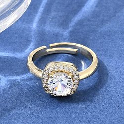 Brass Micro Pave Clear Cubic Zirconia Cuff Open Rings, Square, Golden, 10.5mm, Inner Diameter: 17mm(CU-CBA5C10-12G)