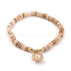 Stretch Charm Bracelets, with Brass Beads, Natural Shell Heishi Beads and Alloy Charms, ABS Plastic Imitation Pearl, Shell Shape, Golden, Antique White, Inner Diameter: 5.5cm(2-1/8 inch)(BJEW-JB05368-03)