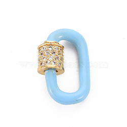 Brass Micro Pave Clear Cubic Zirconia Screw Carabiner Lock Charms, with Enamel, for Necklaces Making, Cadmium Free & Nickel Free & Lead Free, Oval, Real 16K Gold Plated, Light Blue, 19x12x2.5mm, Screw: 6x6mm(ZIRC-S067-068D-NR)