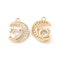 Brass Micro Pave Cubic Zirconia Pendants, with Glass Beads, Moon, Real 18K Gold Plated, 17x13x5mm, Hole: 1.6mm(KK-I702-06G)