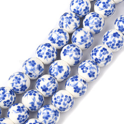 Handmade Flower Printed Porcelain Ceramic Beads Strands, Round, Blue, 8mm, Hole: 2mm, about 42pcs/strand, 13 inch(PORC-M006-8mm-10)