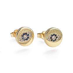 Brass Micro Pave Cubic Zirconia Stud Earrings, Flat Round with Evil Eye, Golden, Colorful, 13.8x9.8x2mm, Pin: 0.7mm(EJEW-L224-23G)