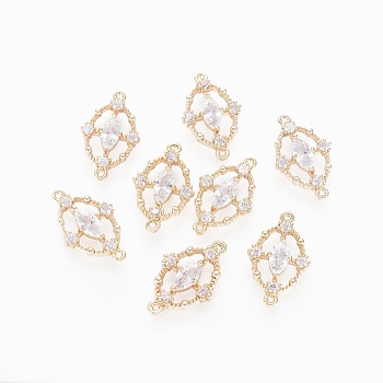 Cubic Zirconia Links connectors, with Glass and Brass Findings, Oval, Real 18K Gold Plated, Clear, 18.5x11.5x2.5mm, Hole: 1mm