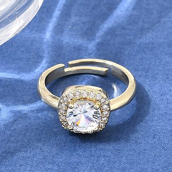 Brass Micro Pave Clear Cubic Zirconia Cuff Open Rings, Square, Golden, 10.5mm, Inner Diameter: 17mm