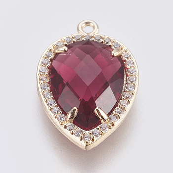 Brass Glass Pendants, with Cubic Zirconia, Faceted, teardrop, Light Gold, Cerise, 21x14x5.5mm, Hole: 1.2mm