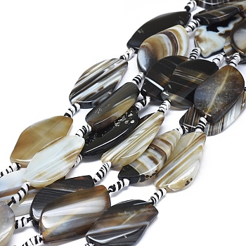 Natural Banded Agate/Striped Agate Beads Strands, Dyed & Heated, Twist, Dark Khaki, 35~37x24~26x6~8mm, Hole: 2.5mm, about 9pcs/Strand, 15.94 inch(40.5cm)