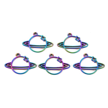 Alloy Open Back Bezel Pendants, Cadmium Free & Nickel Free & Lead Free, Planet, Rainbow Color, 19x27x1.5mm, Hole: 1.8mm