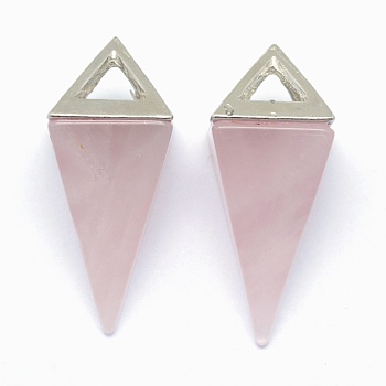 Natural Rose Quartz Pendants, with Alloy Findings, Triangle, Platinum, 34x14x14.5mm, Hole: 4x6mm