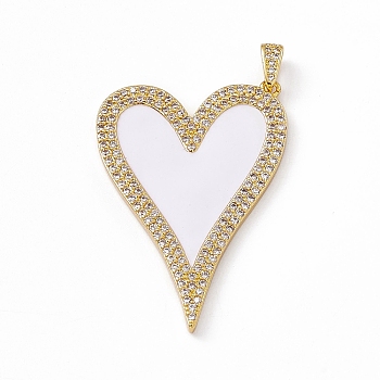 Brass Micro Pave Cubic Zirconia Pendants, Enamel Style, Heart Charm, Golden, White, 44.5x28.5x2.5mm, Hole: 5x2.5mm