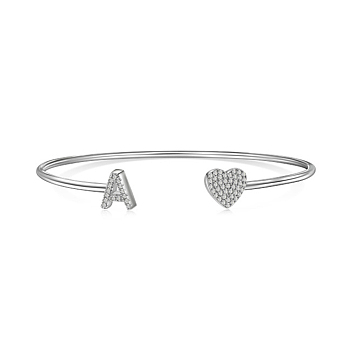 Heart & Letter Rhodium Plated 925 Sterling Silver Micro Pave Cubic Zirconia Cuff Bangles for Women, Letter A, 0.2~0.8cm, Inner Diameter: 1-7/8x2-1/4 inch(4.85x5.65cm) 