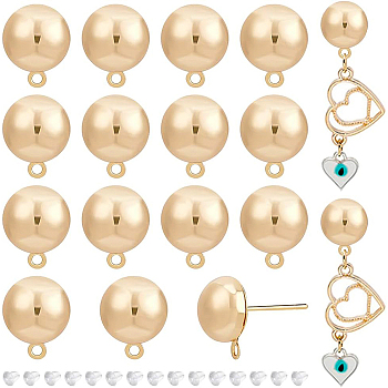 20Pcs Brass Half Round Stud Earring Findings, with Horizontal Loop and 50Pcs Plastic Ear Nuts, Real 18K Gold Plated, 13x10mm, Hole: 1mm, Pin: 0.8mm