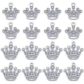 40Pcs 2 Style Zinc Alloy with Crystal Rhinestone Pendants, Crown Charms, Platinum, 18.5~20x18.5~21x2mm, Hole: 1.6~2mm, 20pcs/style