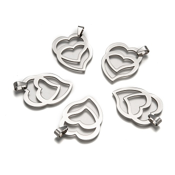 Heart to Heart 201 Stainless Steel Pendants, Stainless Steel Color, 39x30x1.5mm, Hole: 4x9mm