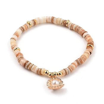 Stretch Charm Bracelets, with Brass Beads, Natural Shell Heishi Beads and Alloy Charms, ABS Plastic Imitation Pearl, Shell Shape, Golden, Antique White, Inner Diameter: 5.5cm(2-1/8 inch)
