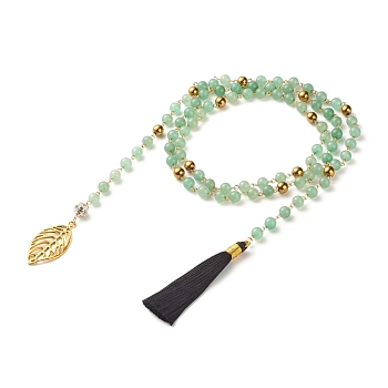 Natural Green Aventurine & Synthetic Hematite Lariat Necklace, Alloy Leaf and Polyester Tassel Big Pendant Necklace for Women, 48.03 inch(122cm)