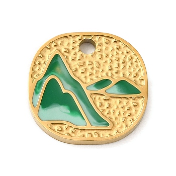 Ion Plating(IP) 304 Stainless Steel Enamel Pendants, Textured and Laser Cut, Square with Mountain Charm, Real 18K Gold Plated, 14x15x1.5mm, Hole: 1.8mm