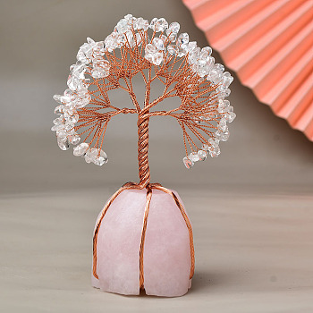 Natural Quartz Crystal Chips Tree of Life Decorations, Rose Quartz Base with Copper Wire Feng Shui Energy Stone Gift for Home Office Desktop Decoration, 150mm
