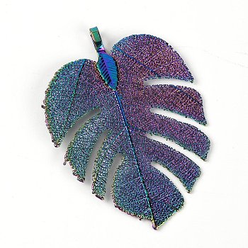 (Clearance Sale)Brass Big Pendants, with Glue-on Flat Pad Bails, Leaf, Colorful, 55.5x41x1.5mm, Hole: 3x5.5mm