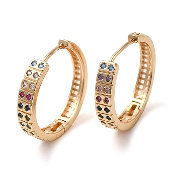 Brass Micro Pave Colorful Cubic Zirconia Hoop Earrings, Rectangle, Light Gold, 25x26x4.5mm