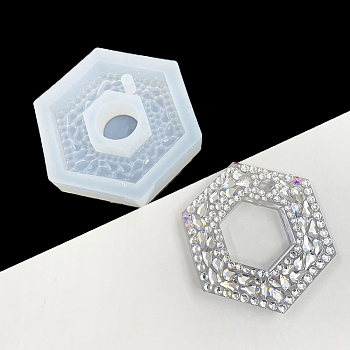 Imitation Embedded Rhinestone Hexagon Pendant Silicone Molds, Resin Casting Molds, for UV Resin & Epoxy Resin Jewelry Making, White, 75x83x14mm, Hole: 5mm, Inner Diameter: 58x68mm