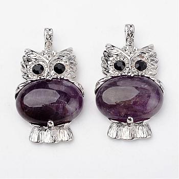 Natural Amethyst Pendants, Owl, with Brass Findings, Platinum, Lead Free & Nickel Free, 45x25x8mm, Hole: 4x6mm