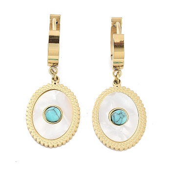 Oval 304 Stainless Steel Synthetic Turquoise Dangle Earrings, Shell Hoop Earrings for Women, Real 18K Gold Plated, 34.5x14mm